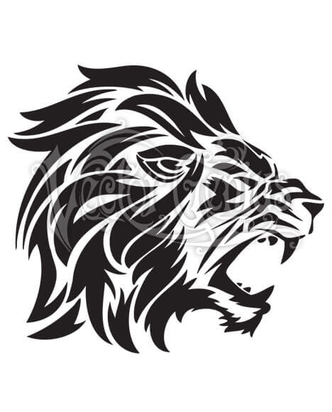 Black and white tribal-style lion head in roaring profile, stylized with sharp lines and flowing mane.