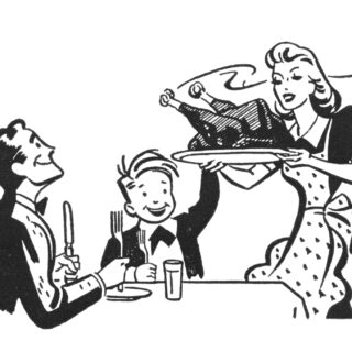 A vintage-style illustration of a family at dinner, with a woman serving a roasted turkey to a smiling boy and man.