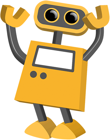 Cheerful yellow robot with large black eyes, raised arms, and a screen chest panel, in cartoon style.