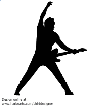 Silhouette of a rock guitarist mid-performance, arms raised, legs spread wide, playing electric guitar with dynamic energy.