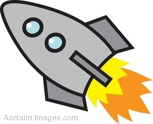 Gray cartoon rocket with blue windows launching with orange-yellow flame exhaust.