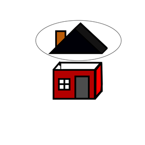 Red cartoon house with a thought bubble showing a black roof and orange chimney.