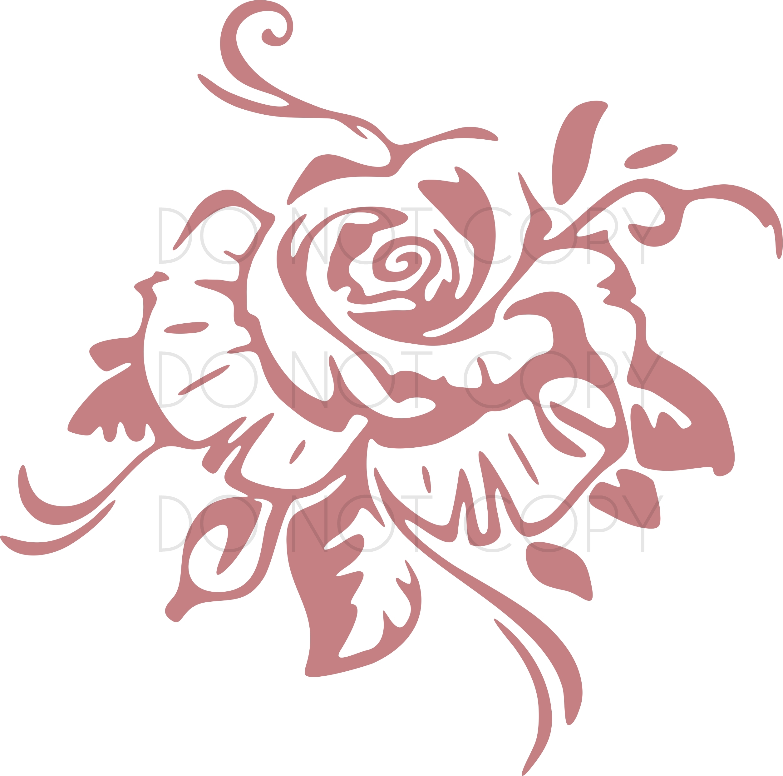 Elegant rose silhouette in dusty rose with flowing vines and leaves, stylized decorative floral vector art.