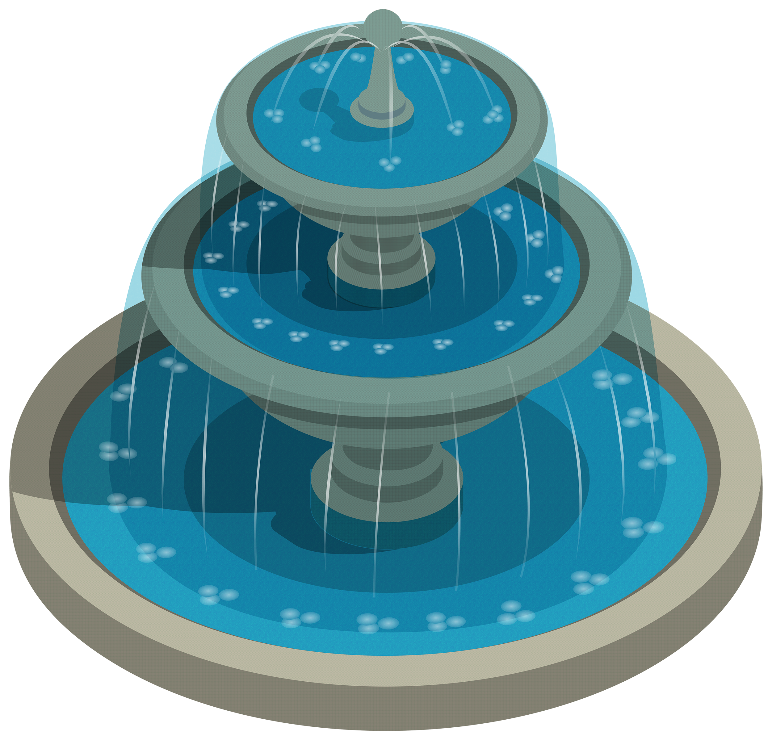 Three-tiered stone fountain with cascading water jets and blue water, illustrated in clean vector style.