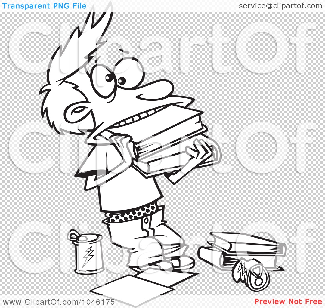 Cartoon boy struggling to carry heavy stack of books, with scattered papers and energy drink nearby.