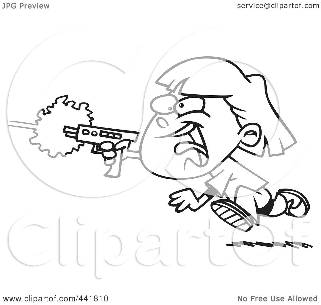 Cartoon boy running while firing a toy laser gun with smoke effect, black-and-white line art.