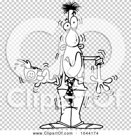 Stressed cartoon businessman juggling coffee cup and papers, hair standing up, wide-eyed panic.