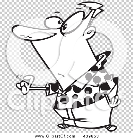 Cartoon man in polka-dot pajamas with exaggerated expression, gesturing playfully.