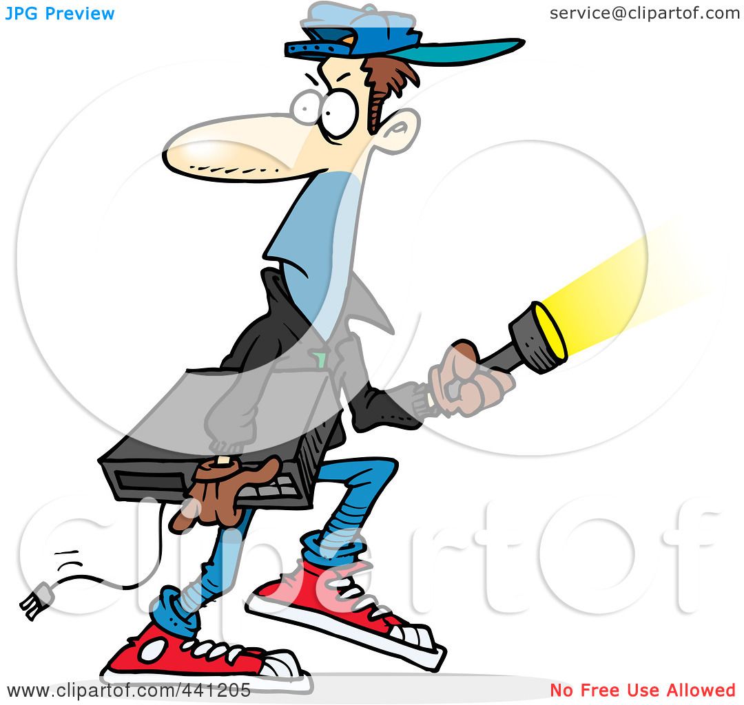 Cartoon man in backward cap holding flashlight and laptop, looking startled while walking.
