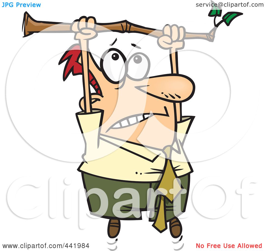 Cartoon explorer with wide eyes, holding a wooden staff with leaves, looking startled or determined.