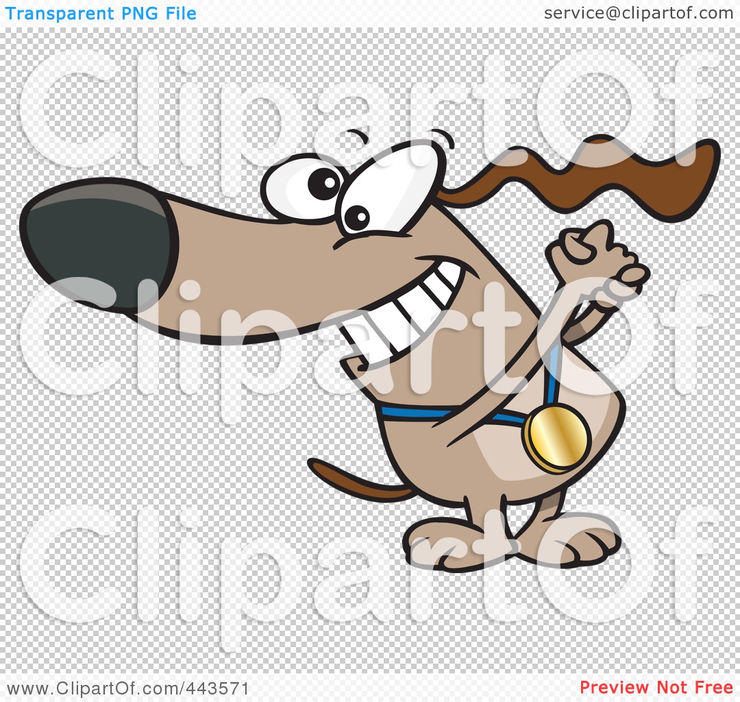Cartoon dog celebrating with a gold medal, big grin and raised fist.