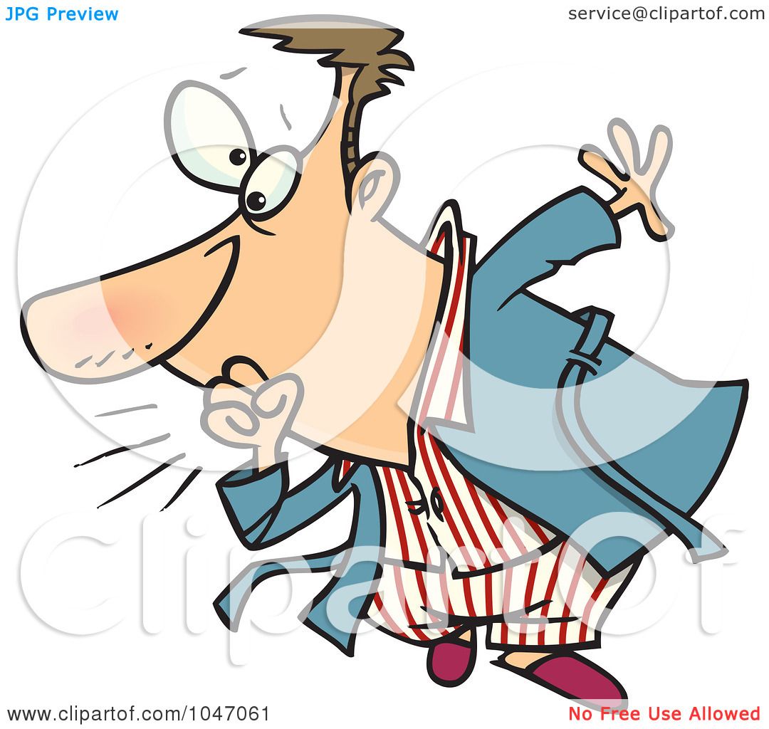 Cartoon man in striped pajamas and robe running with startled expression, one hand raised, hair askew.