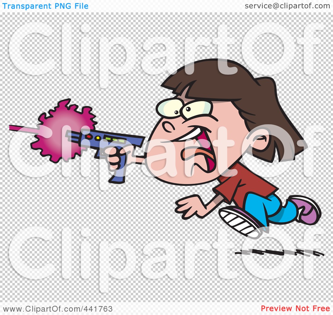 Cartoon boy running with a toy laser gun firing pink energy blast, wide-eyed and excited.