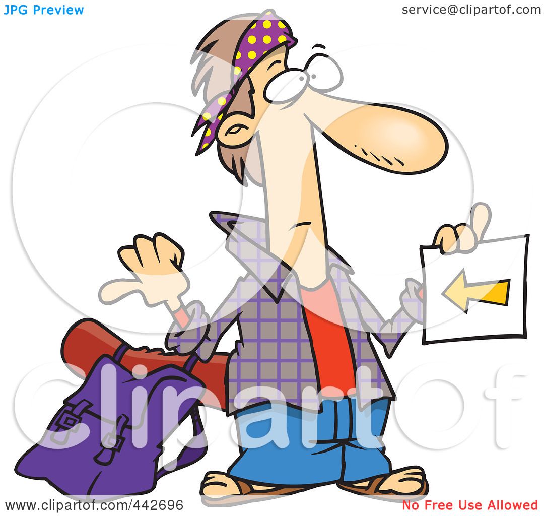 Cartoon hitchhiker with bandana, backpack, and directional sign pointing left.