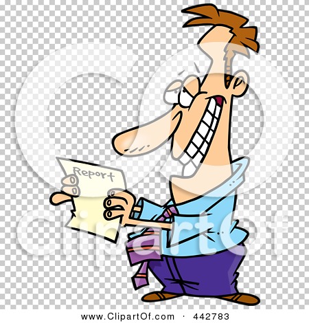 Cartoon man grinning nervously while holding a crumpled "Report" paper, wearing a messy tie and disheveled clothes.
