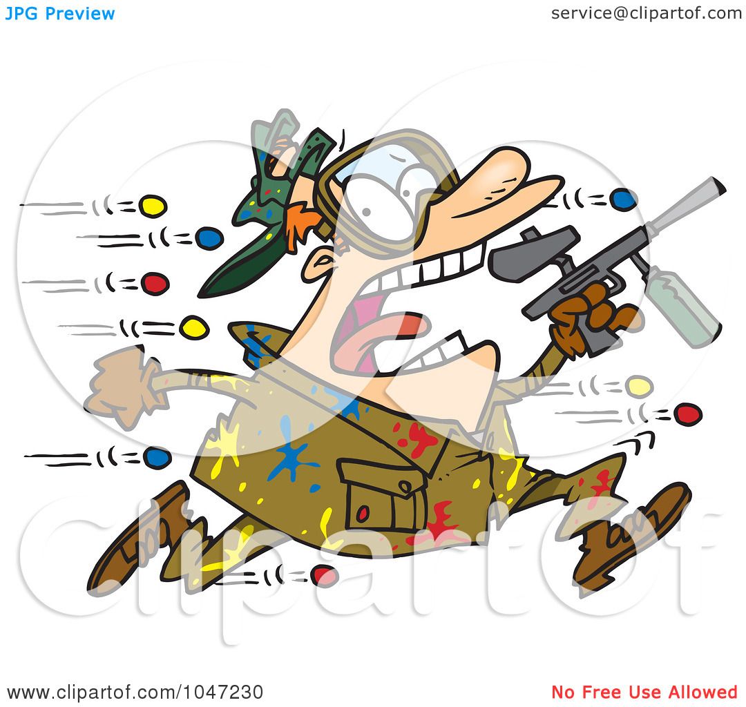 Cartoon man in camouflage running with paintball gun, splattered with colorful paint, wearing goggles and a helmet.