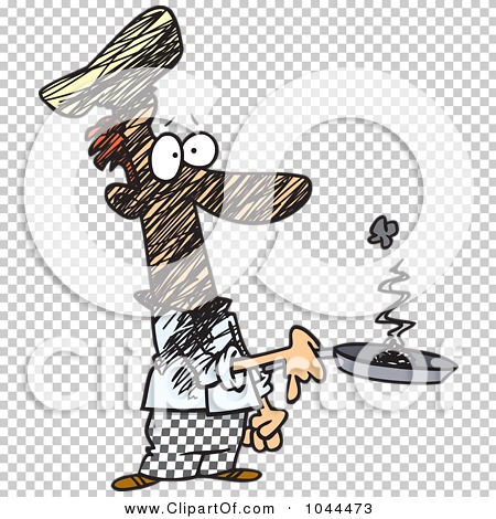 Cartoon chef with tall hat dropping food from a smoking pan, looking shocked and clumsy.