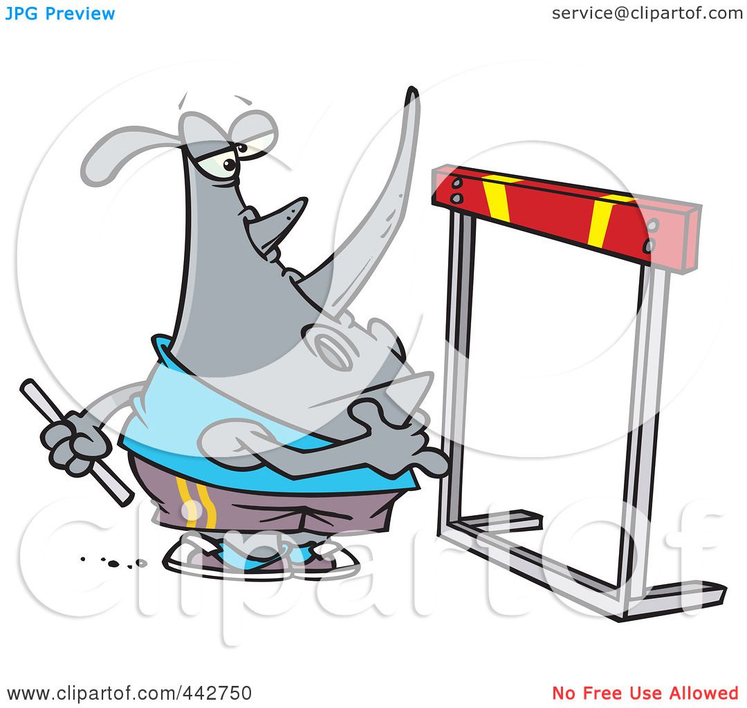 Cartoon Rhino Athlete Hesitating at Hurdle - Clipart Illustration