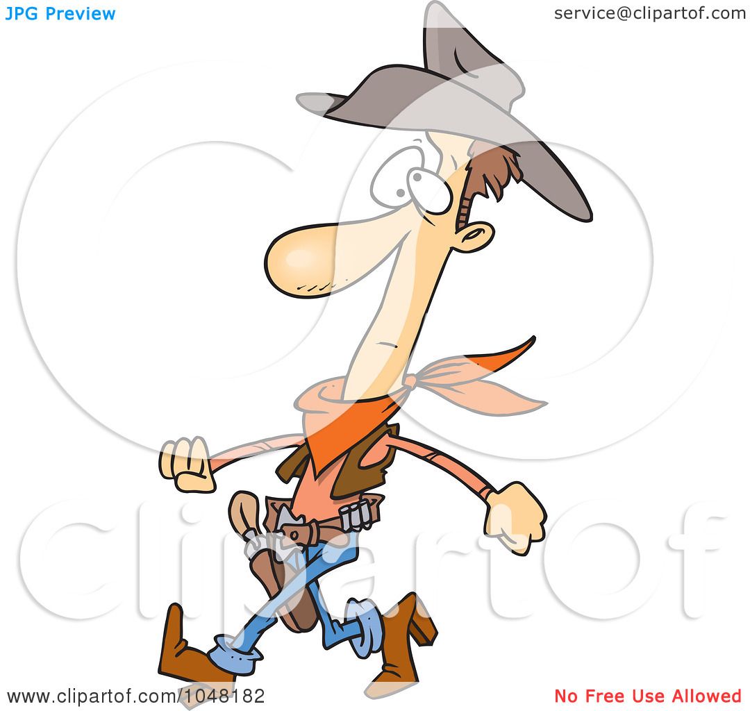 Cartoon cowboy running with wide eyes, wearing a gray hat, orange bandana, and brown boots.