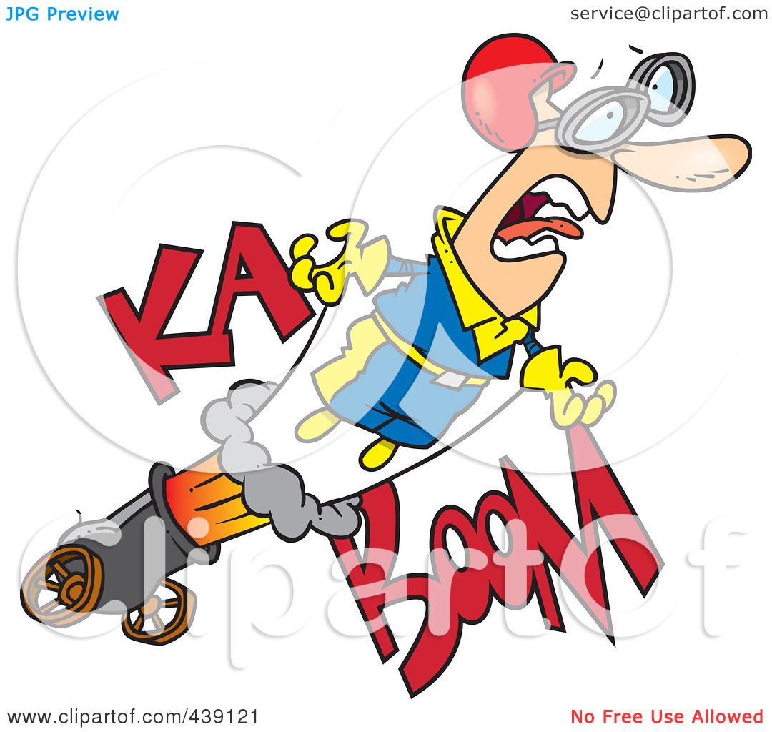 Cartoon man in blue jumpsuit and goggles screaming while rocketing backward from a cannon blast with "KA-POW" sound effect.