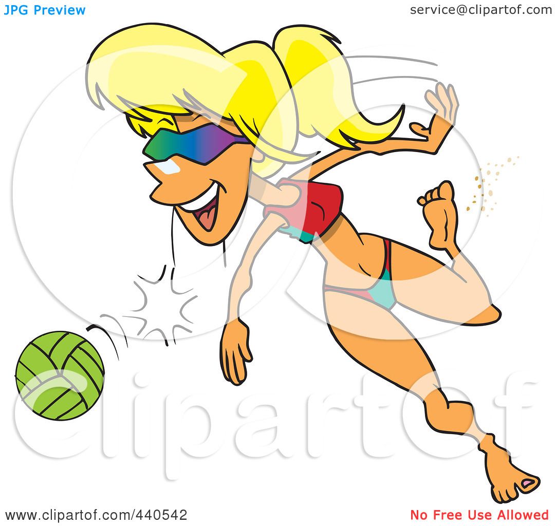 Cartoon woman with blonde hair and sunglasses diving for a green volleyball on the beach.