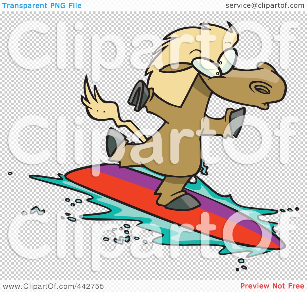 Cartoon horse surfing on a colorful board with joyful expression and splashing water.