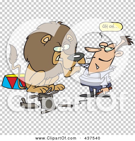 A cartoon lion with glasses sits at a typewriter while a man in a lab coat holds a magnifying glass and says "Ah ah..."