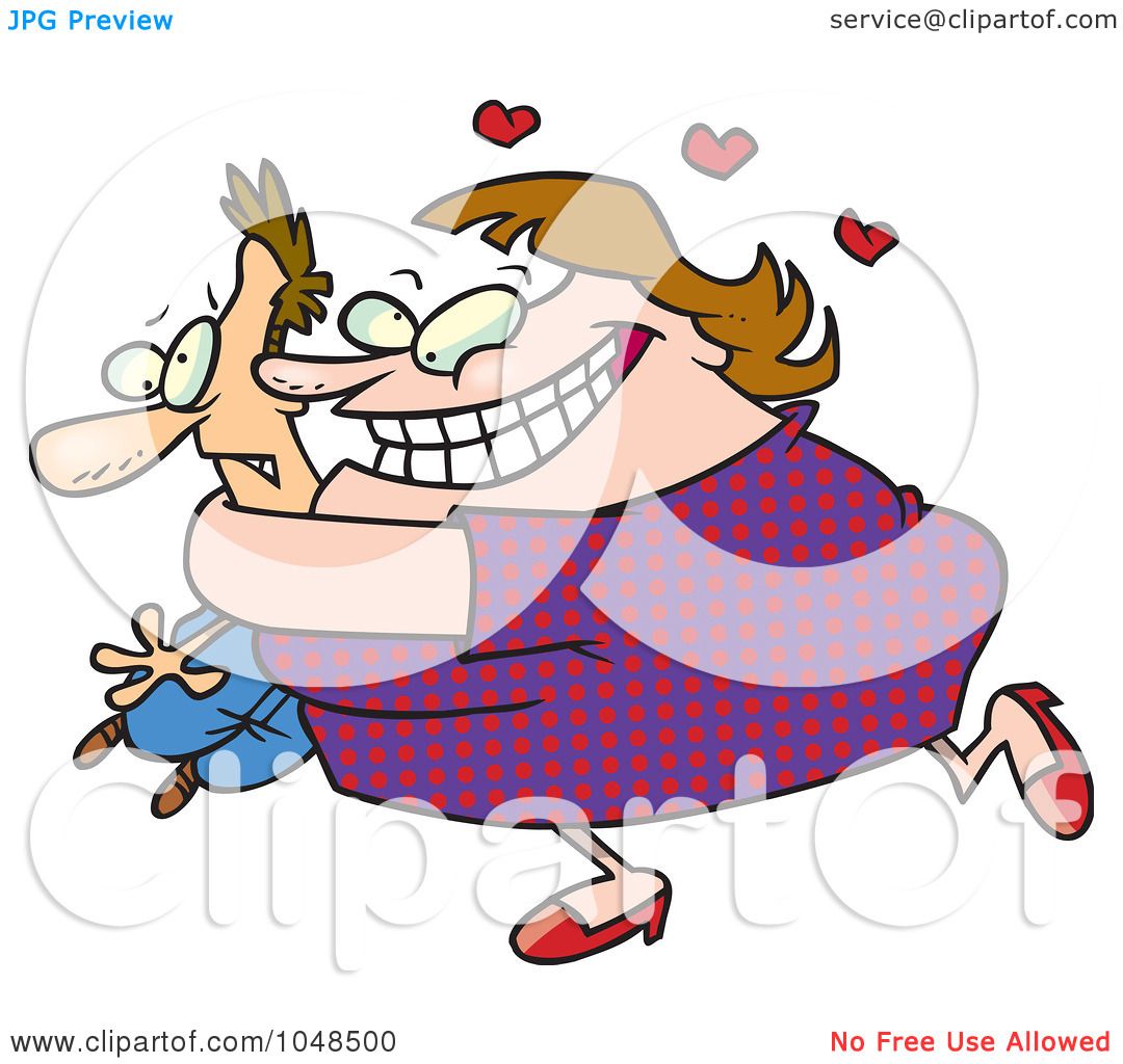 A cheerful cartoon woman in a polka-dot dress hugs a surprised man, with hearts floating around them.