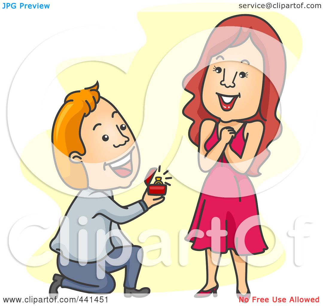 A cartoon man kneeling and proposing with a ring box to a smiling woman in a pink dress.