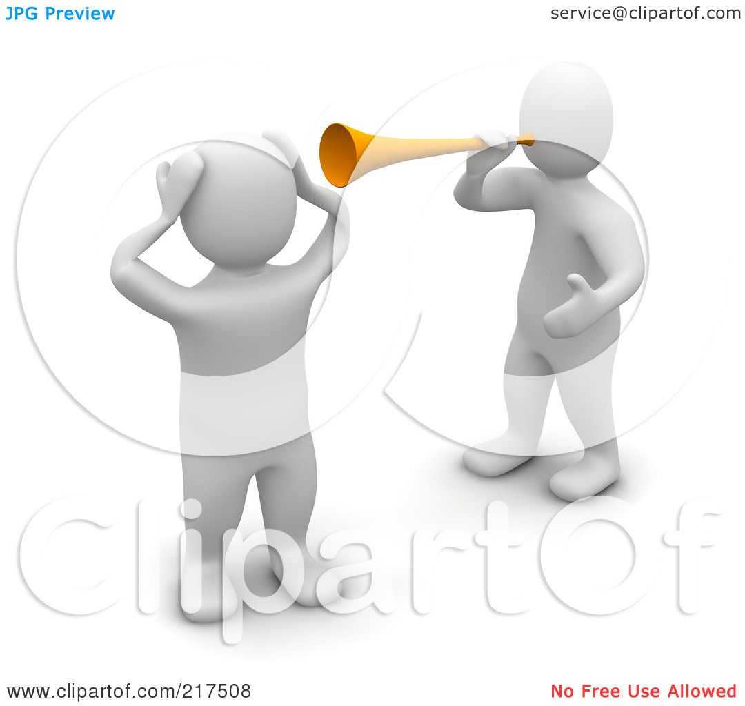 One 3D figure shouts through a megaphone at another covering ears in distress.