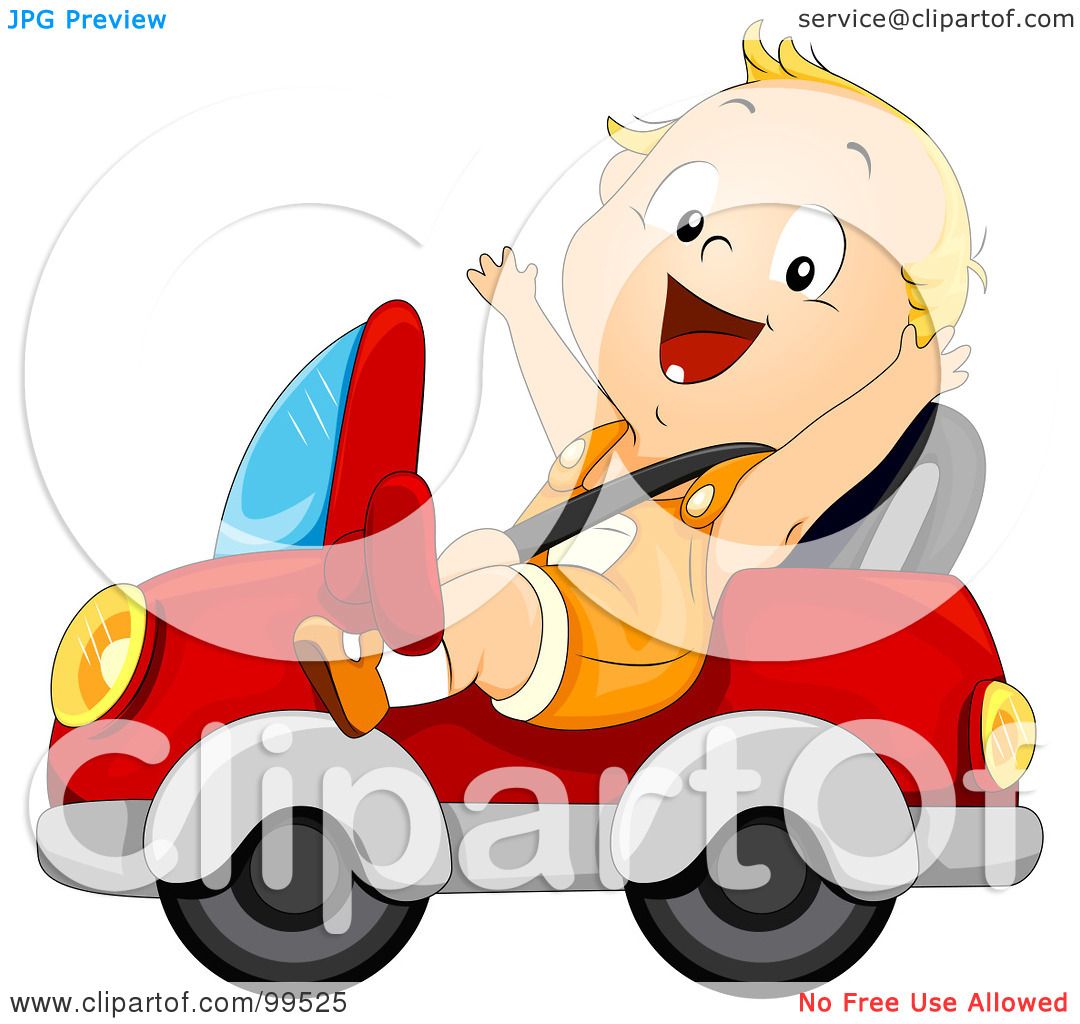 Happy cartoon baby driving a red toy car with raised arms and joyful expression.