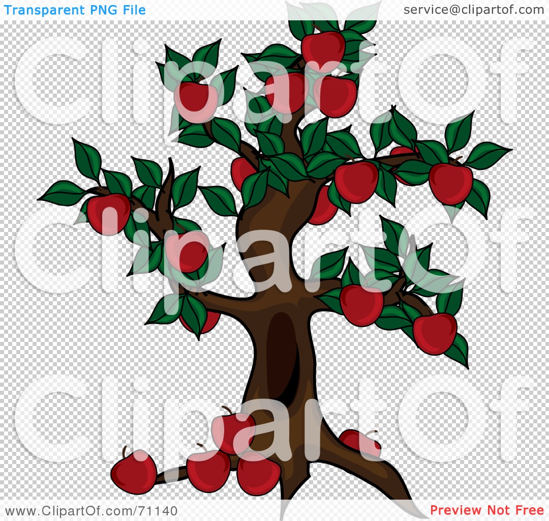 Cartoon apple tree with red apples and green leaves on transparent background.