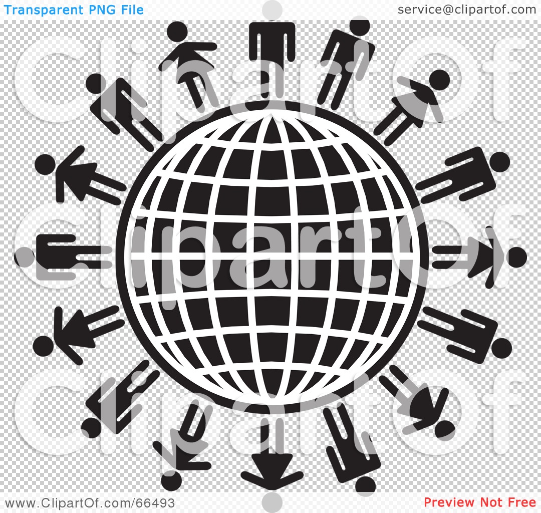 Black-and-white icon of a globe surrounded by diverse human figures, symbolizing global connectivity and unity.