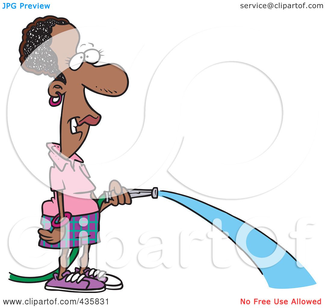 Cartoon woman with curly hair spraying water from a garden hose, wearing pink shirt and plaid shorts.