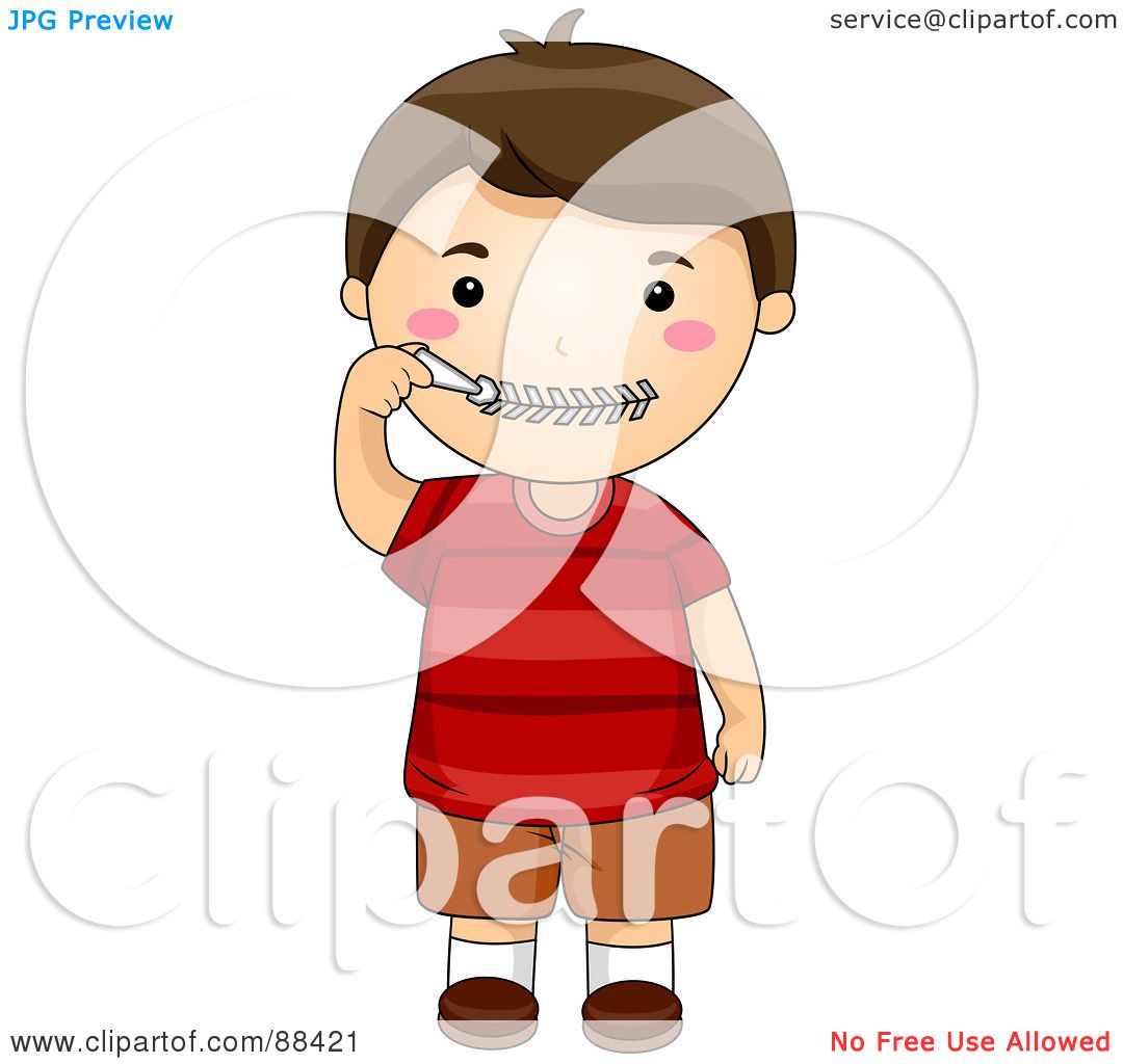 Cartoon boy in red shirt brushing his teeth with a toothbrush, smiling with rosy cheeks.