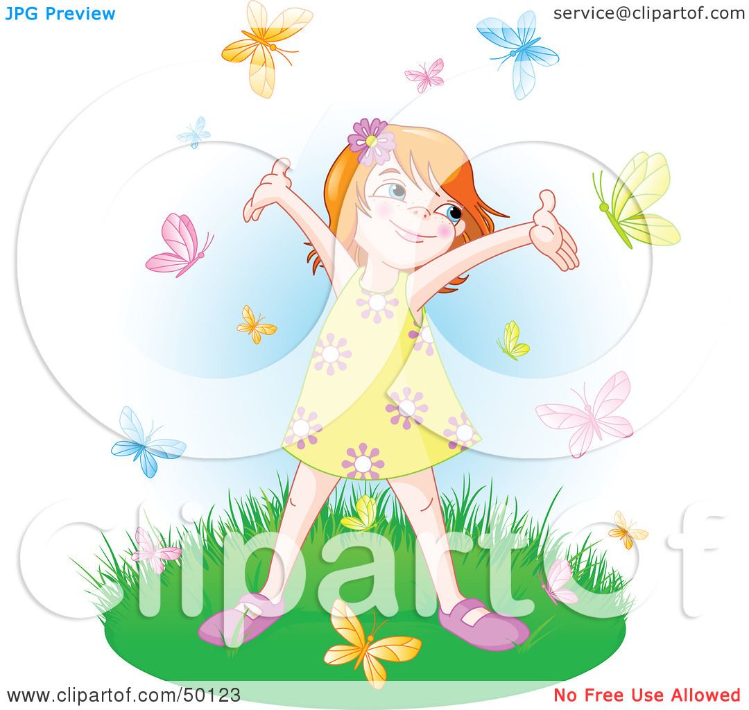 Happy girl in yellow floral dress standing on grass with colorful butterflies flying around her.
