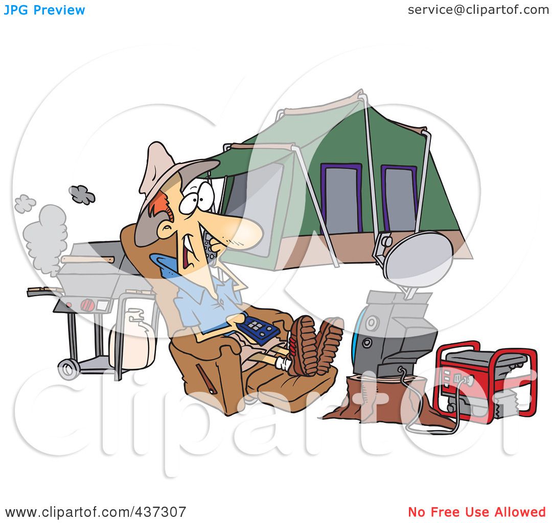 Cartoon camper relaxing in a recliner with grill, satellite dish, generator, and tent behind him.