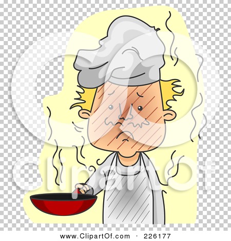 Stressed cartoon chef sweating over a steaming pan, wearing a messy toque and apron.