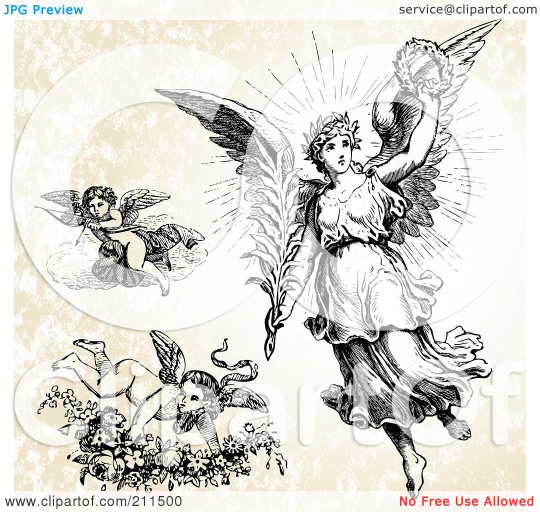 Angel and Cherub Engraving Clipart - Vintage Religious & Mythological Illustration