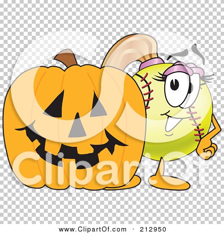 A cartoon softball character with stitches and a pink bow peeking from behind a jack-o'-lantern with a smiling face.