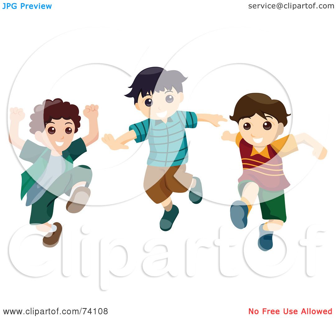 Three joyful boys running and jumping in playful motion, illustrated in colorful cartoon style.