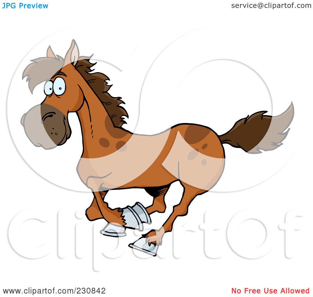 Cartoon horse with brown and white patches running energetically, wearing broken horseshoes, wide-eyed expression.