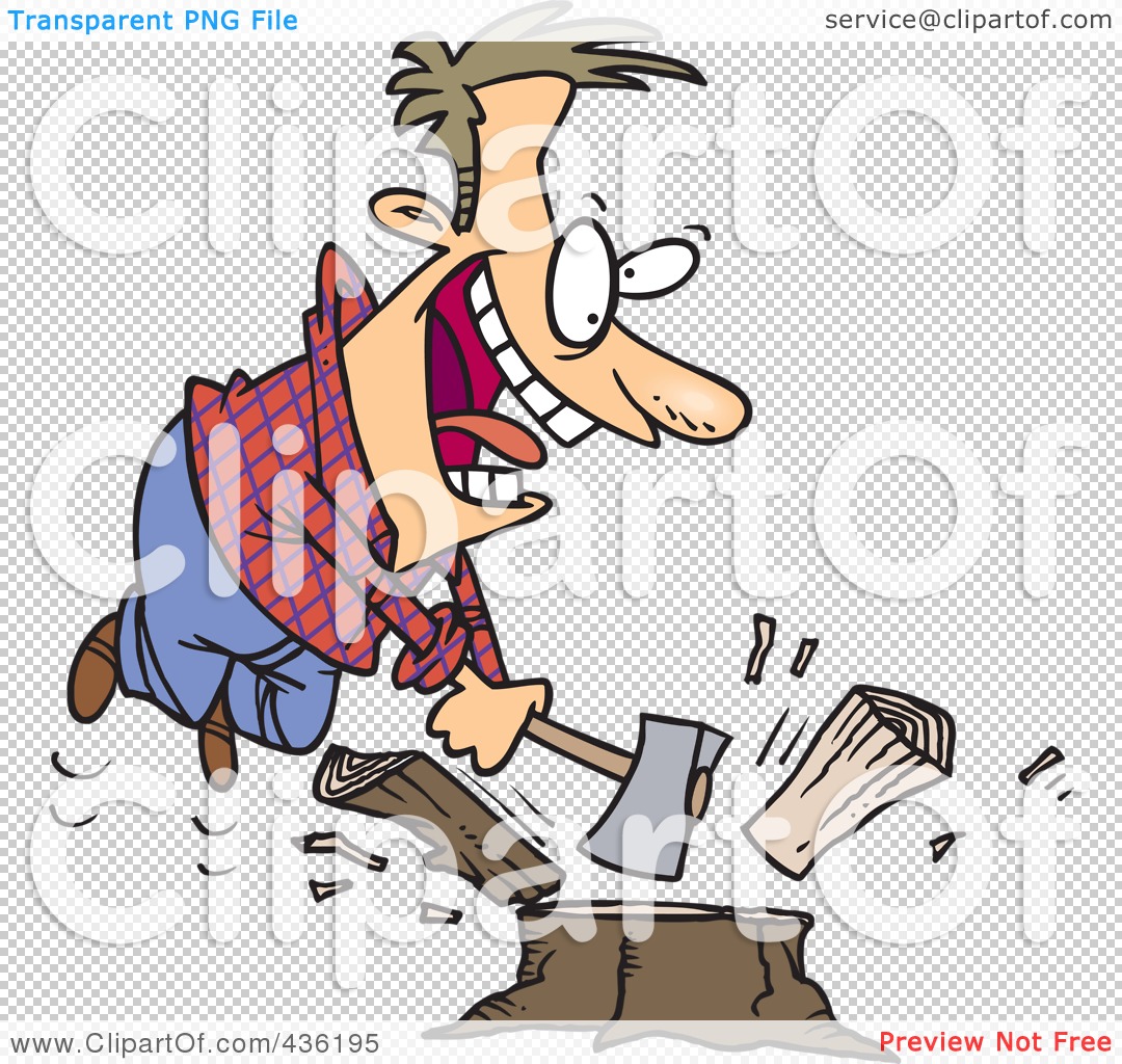 Cartoon lumberjack in plaid shirt and blue jeans chopping wood with an axe, wood splitting mid-air.
