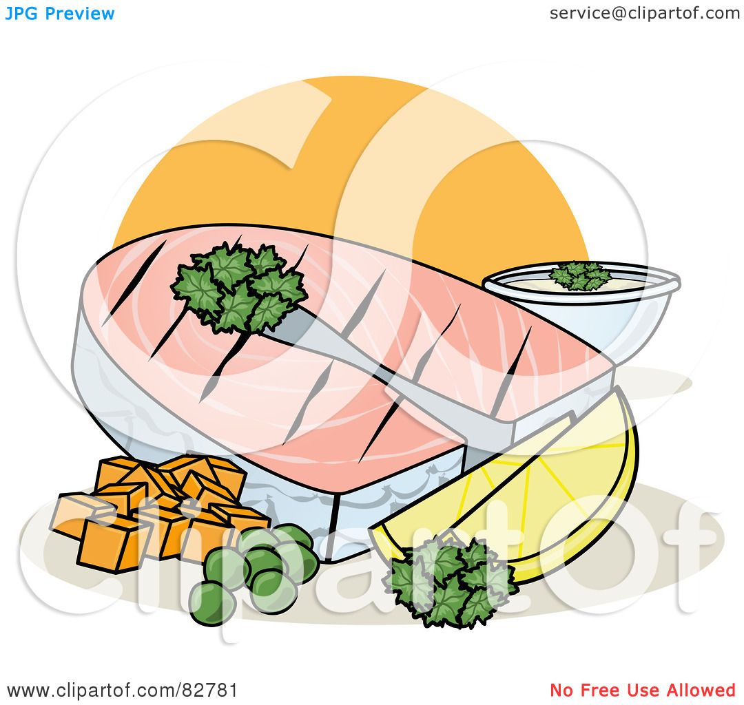 Grilled salmon fillet with lemon, parsley, peas, sweet potato cubes, and dipping sauce on a white plate.