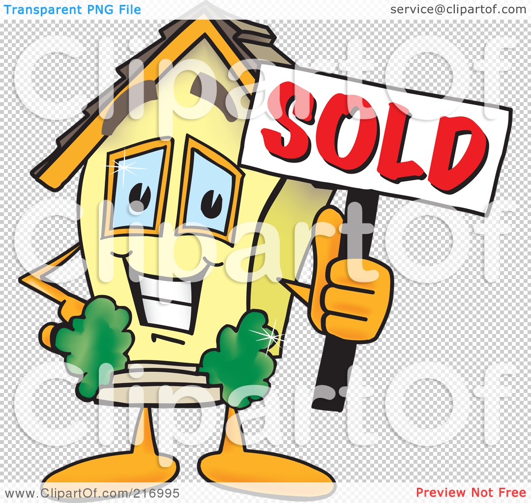 Cheerful cartoon house character holding a "SOLD" sign and giving a thumbs-up.