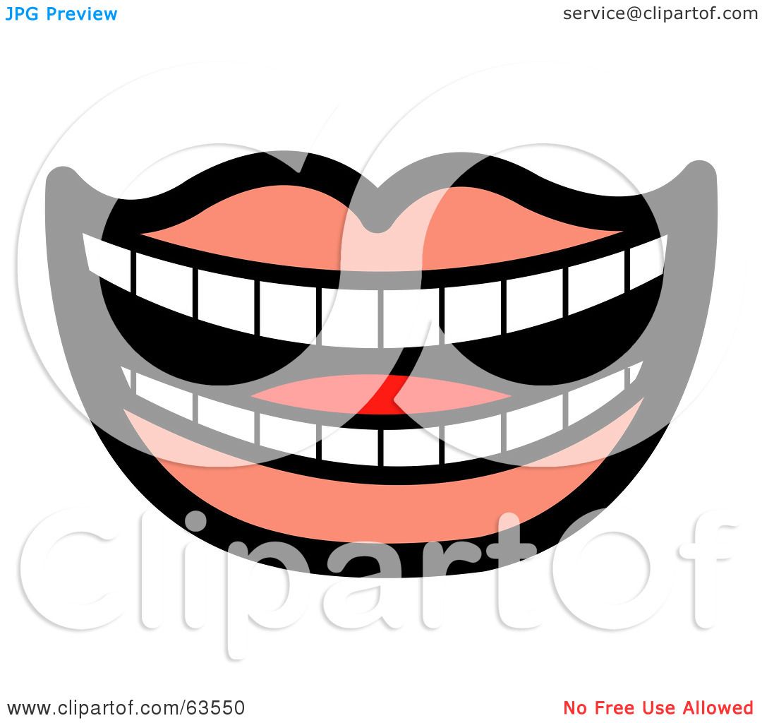 Cartoon-style wide smiling mouth with white teeth, pink lips, and gray mask overlay.