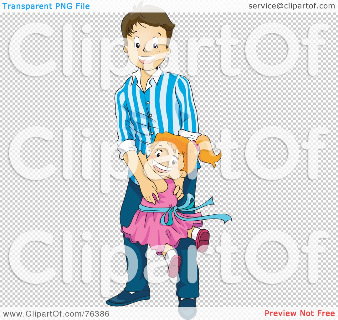 A smiling father in a blue striped shirt holds his joyful daughter in a pink dress with a blue ribbon.