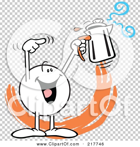 Cheerful cartoon coffee character pouring hot coffee from a pot with steam and motion lines.