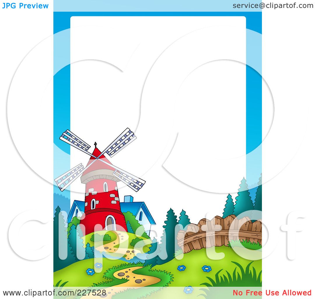 Colorful cartoon windmill on a green hill with blue houses, flowers, and trees under a bright sky.