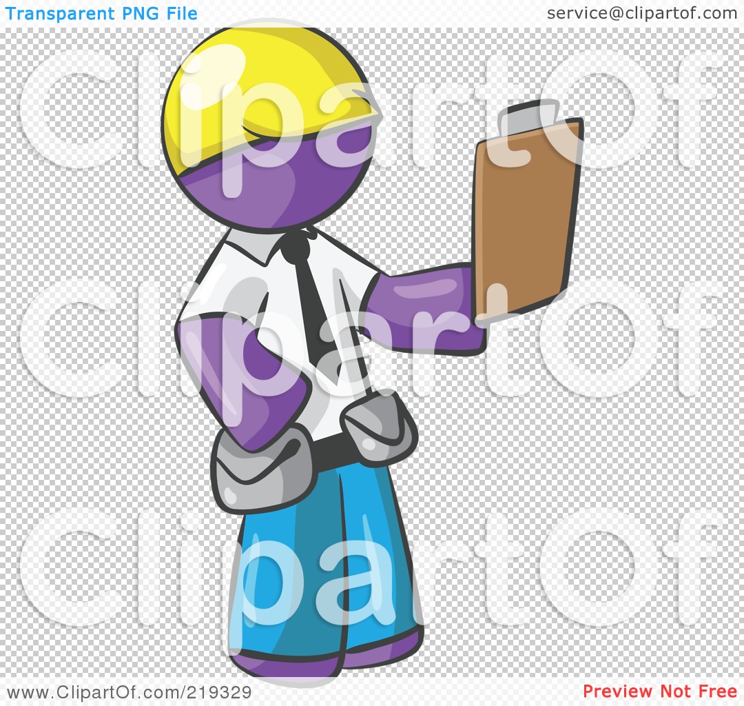 Purple stick figure inspector in yellow hard hat holding clipboard and wearing tool belt.